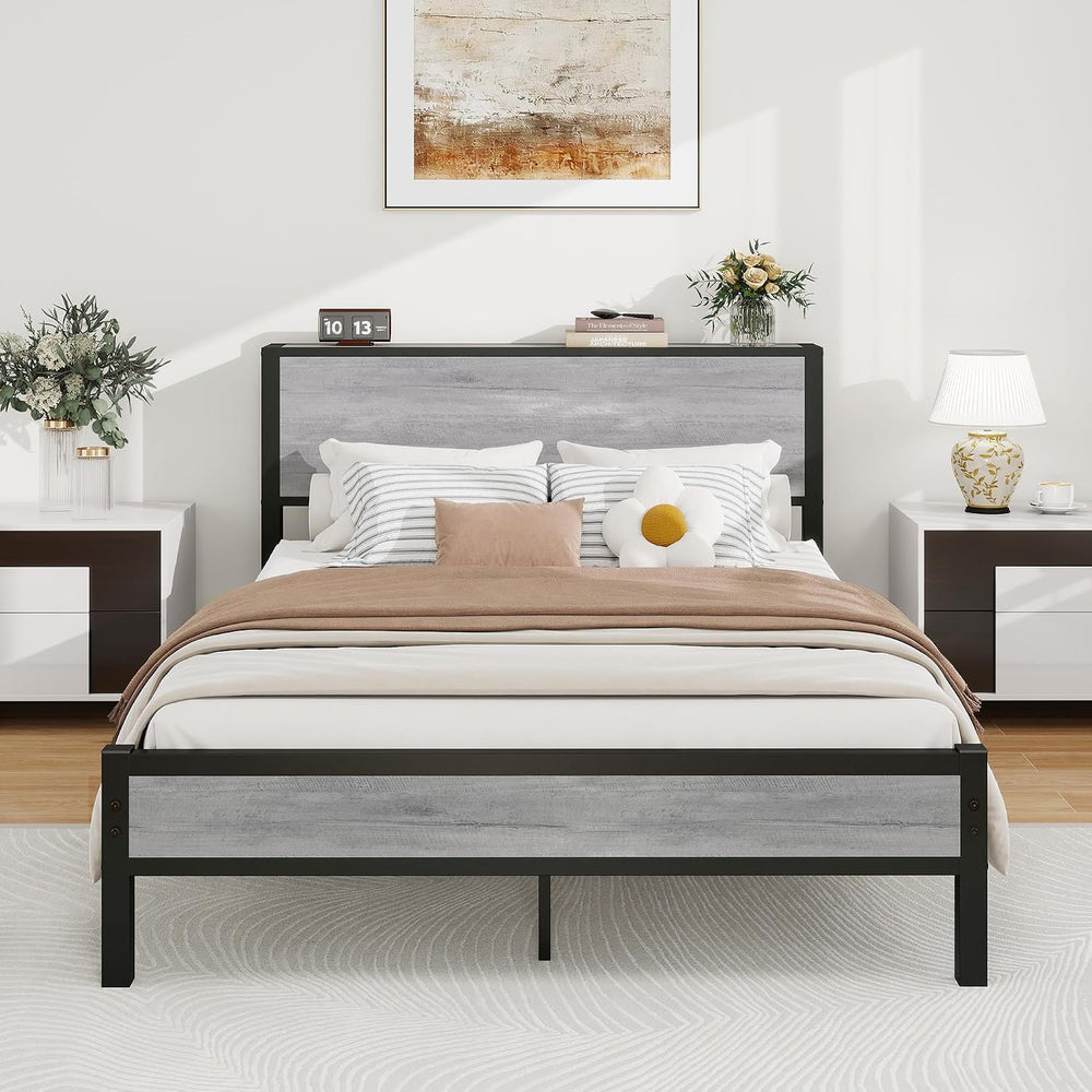 Rustic Bed Frame Storage Wooden Headboard Metal Platform