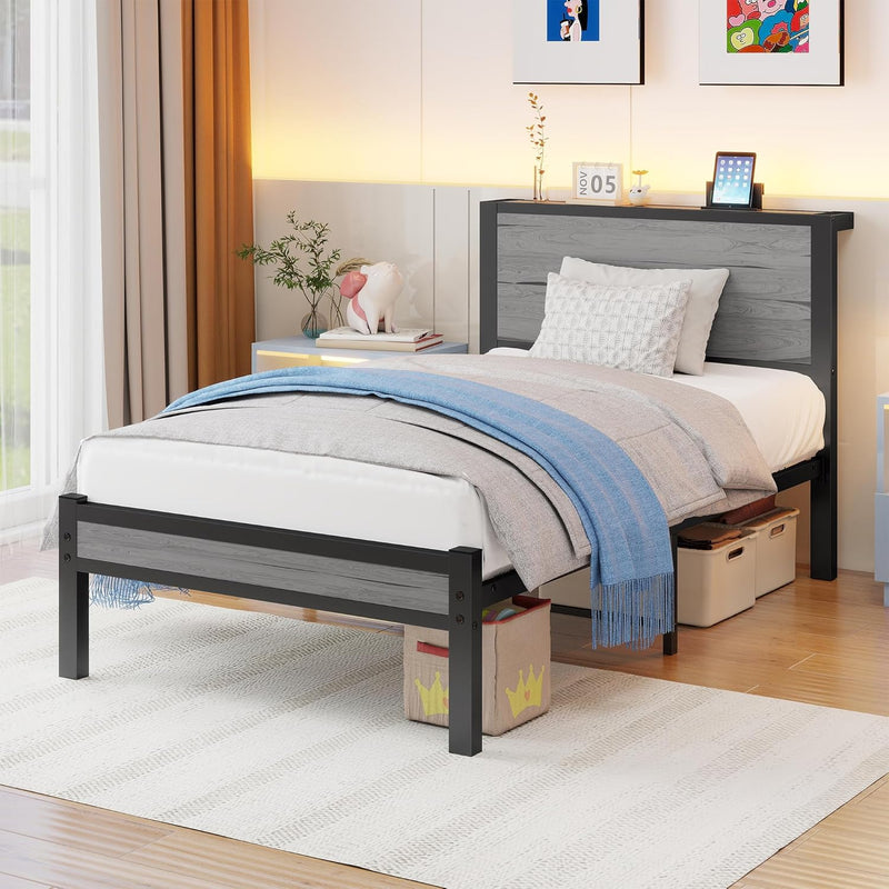 Rustic Bed Frame Storage Wooden Headboard Metal Platform