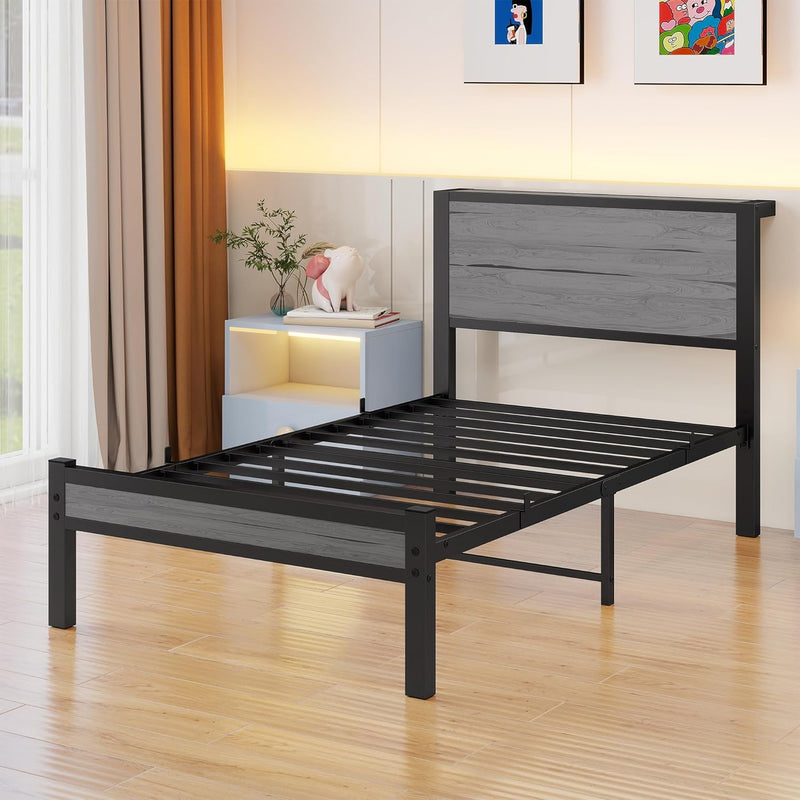 Rustic Bed Frame Storage Wooden Headboard Metal Platform