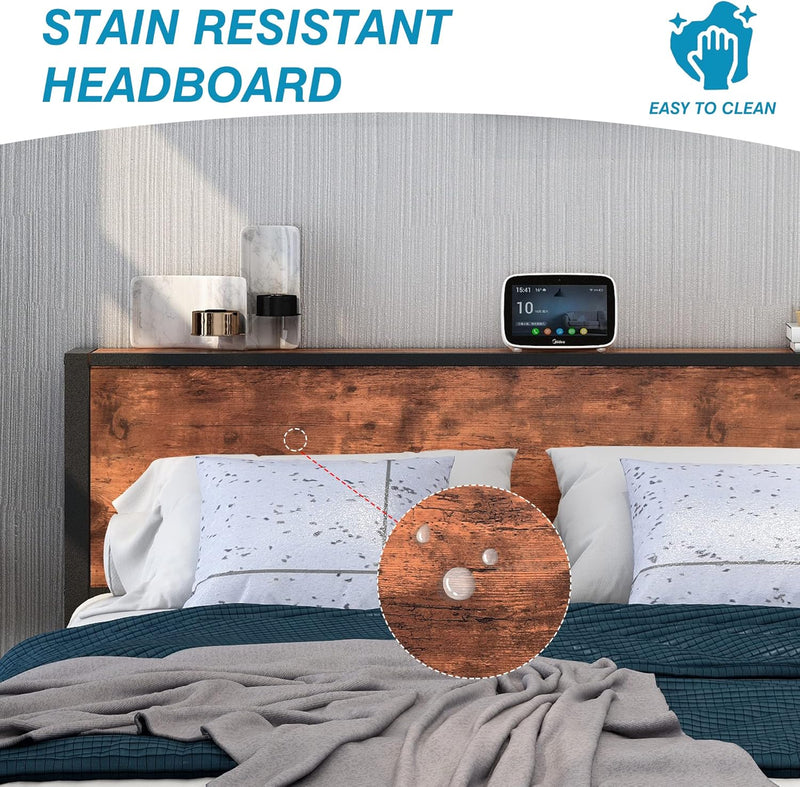Rustic Bed Frame Storage Wooden Headboard Metal Platform
