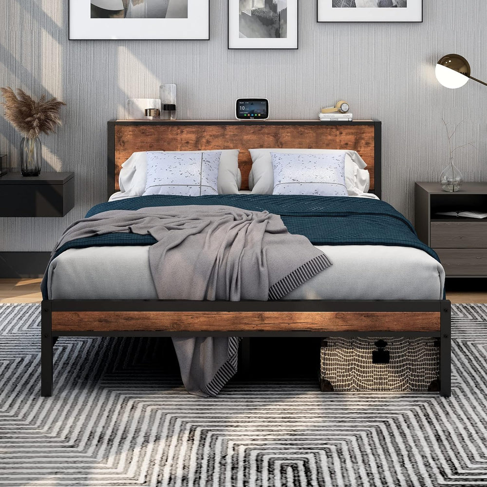 Rustic Bed Frame Storage Wooden Headboard Metal Platform