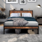 Bed Frames with Wooden Storage Shelf Headboard Metal