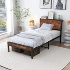 Bed Frames with Wooden Storage Shelf Headboard Metal