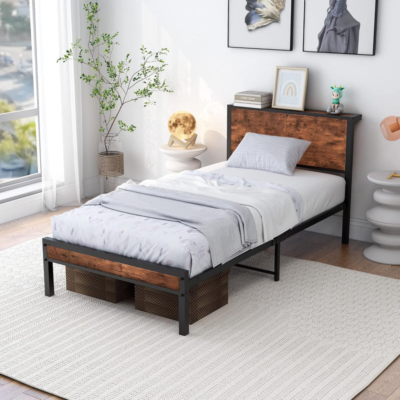 Rustic Bed Frame Storage Wooden Headboard Metal Platform