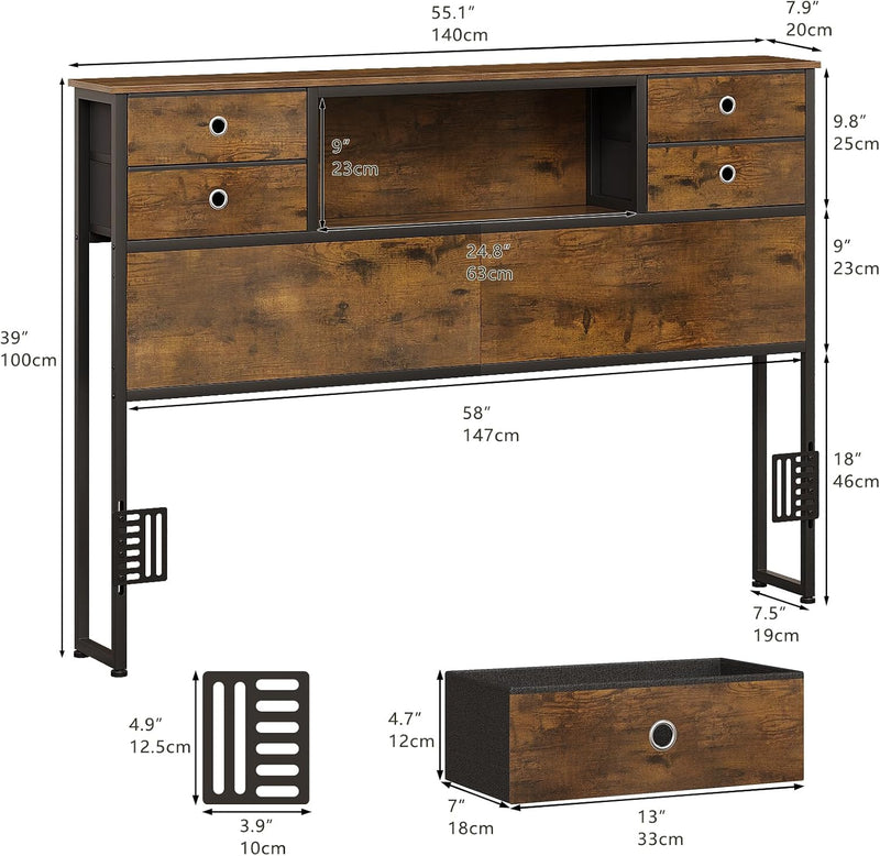 Bed Headboard with Storage Freestanding 4 Fabric Drawers