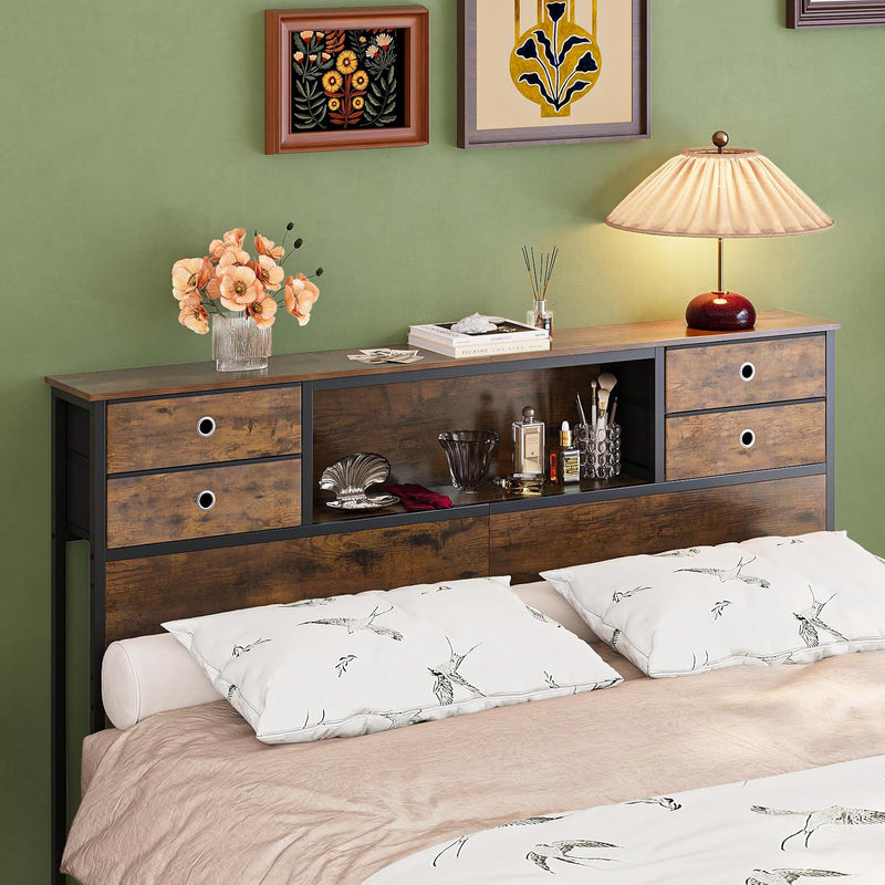 Bed Headboard with Storage Freestanding 4 Fabric Drawers