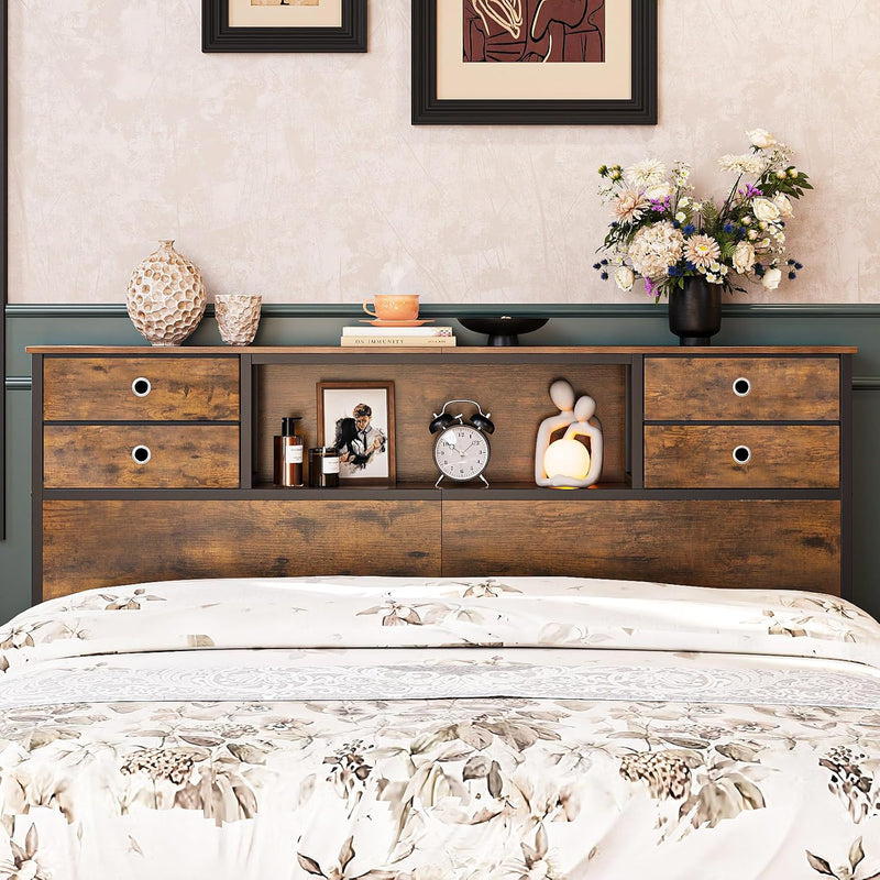 Bed Headboard with Storage Freestanding 4 Fabric Drawers