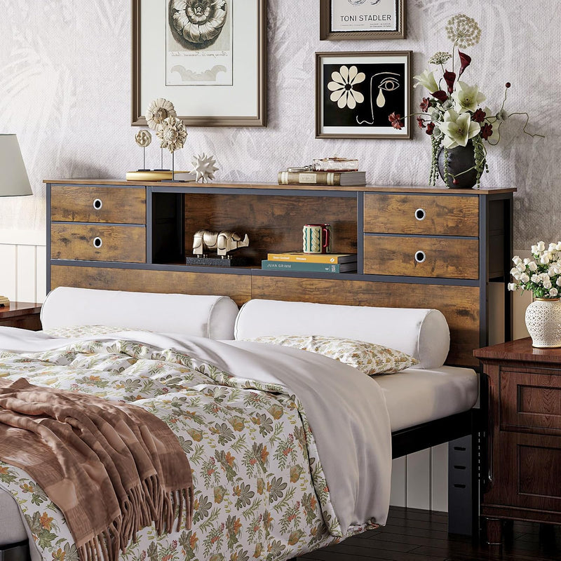 Bed Headboard with Storage Freestanding 4 Fabric Drawers