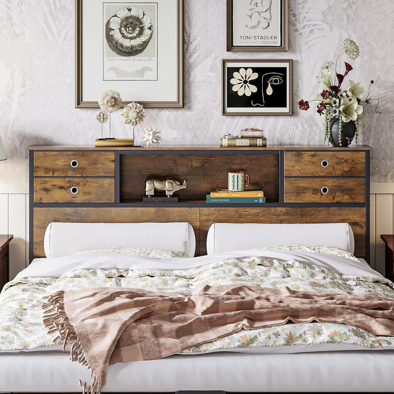 Bed Headboard with Storage Freestanding 4 Fabric Drawers