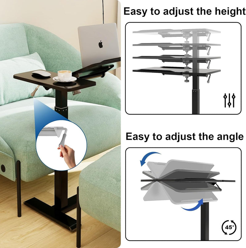 Bed Table with Wheels Adjustable Pneumatic Overbed