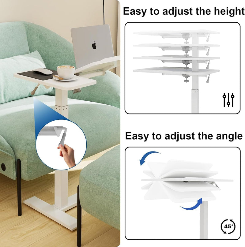 Bed Table with Wheels Adjustable Pneumatic Overbed