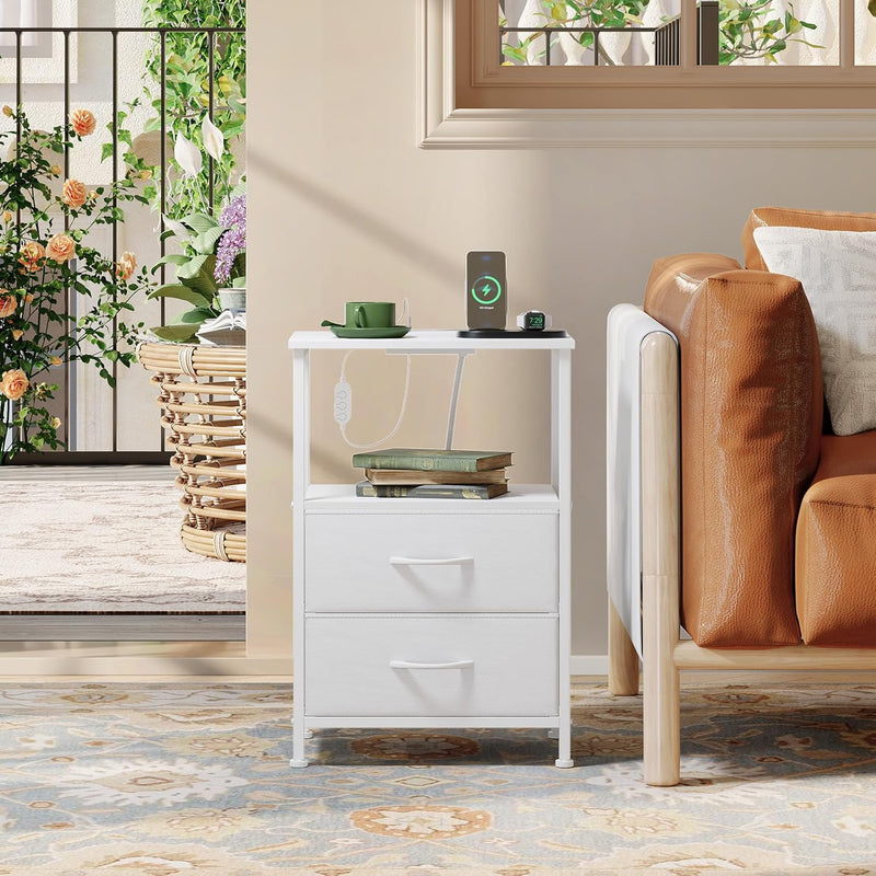 Bedside Table Charging Station LED 2 Drawers Cabinet (Set of 2)