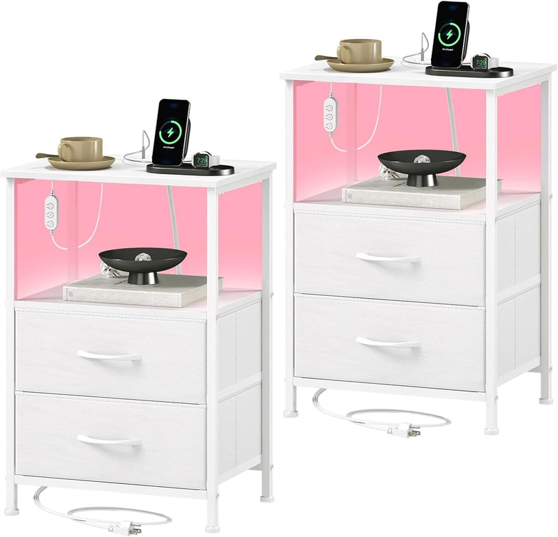 Bedside Table Charging Station LED 2 Drawers (Set of 2)