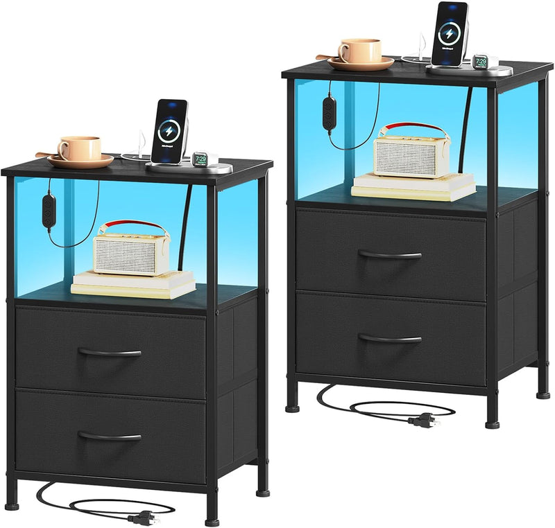 Bedside Table Charging Station LED 2 Drawers (Set of 2)
