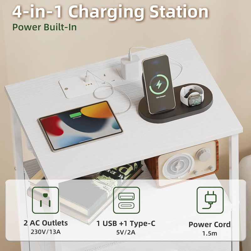 Bedside Table Charging Station LED 2 Drawers (Set of 2)