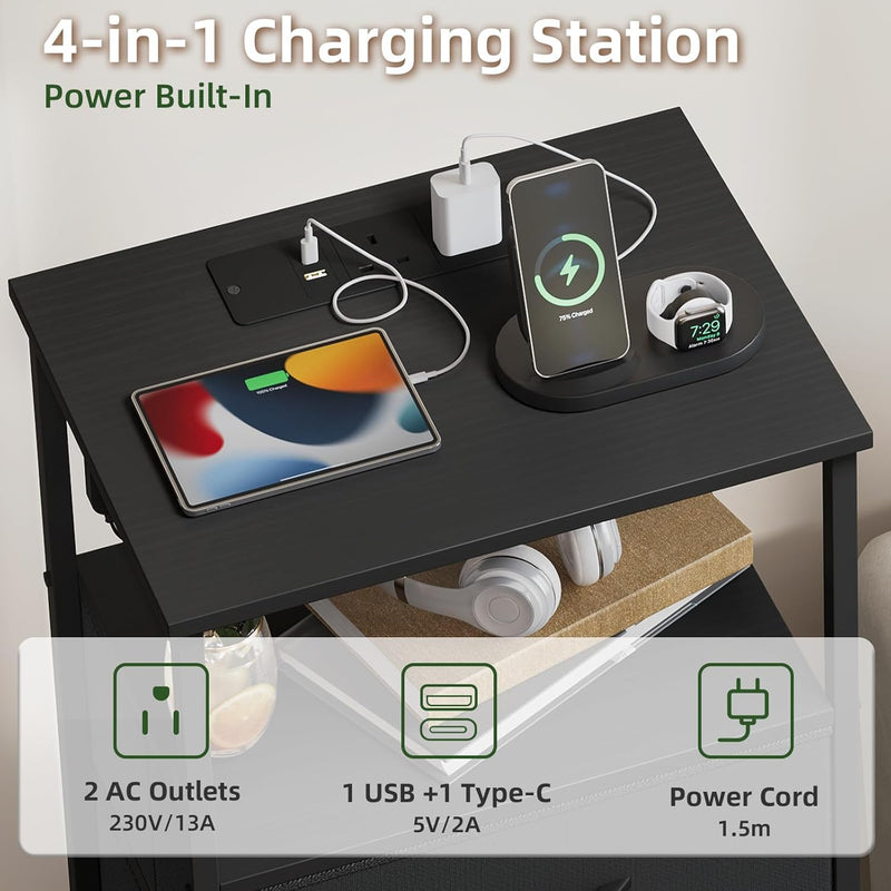 Bedside Table Charging Station LED 2 Drawers (Set of 2)