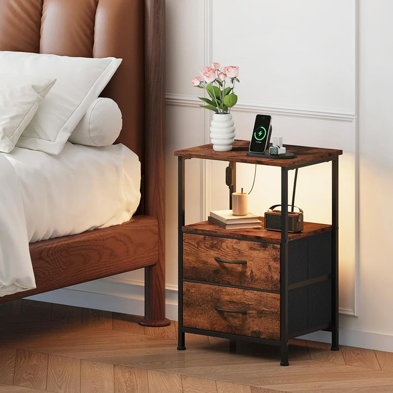 Bedside Table Charging Station LED 2 Drawers (Set of 2)