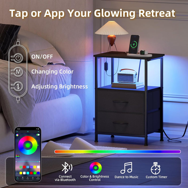 Bedside Table Charging Station LED 2 Drawers (Set of 2)