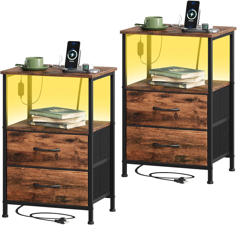 Bedside Table Charging Station LED 2 Drawers (Set of 2)