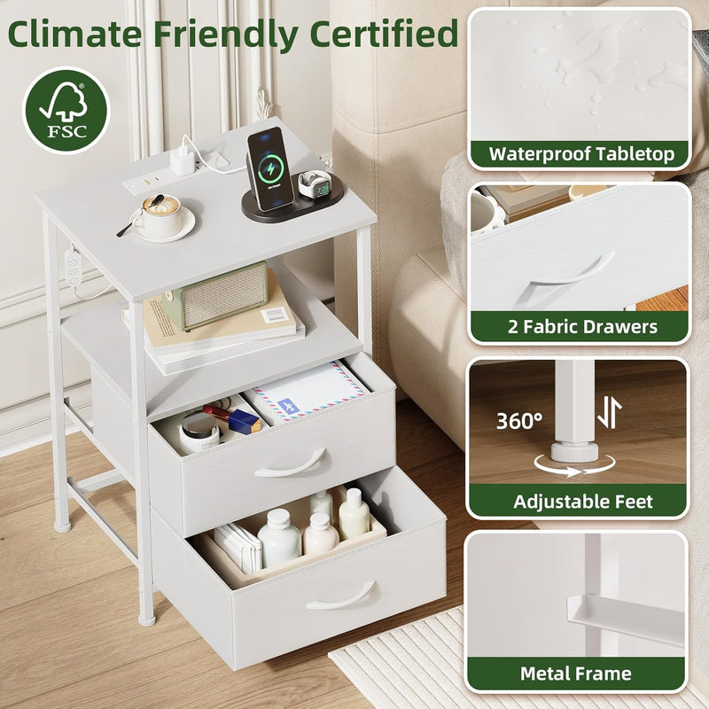Bedside Table Charging Station LED 2 Drawers (Set of 2)