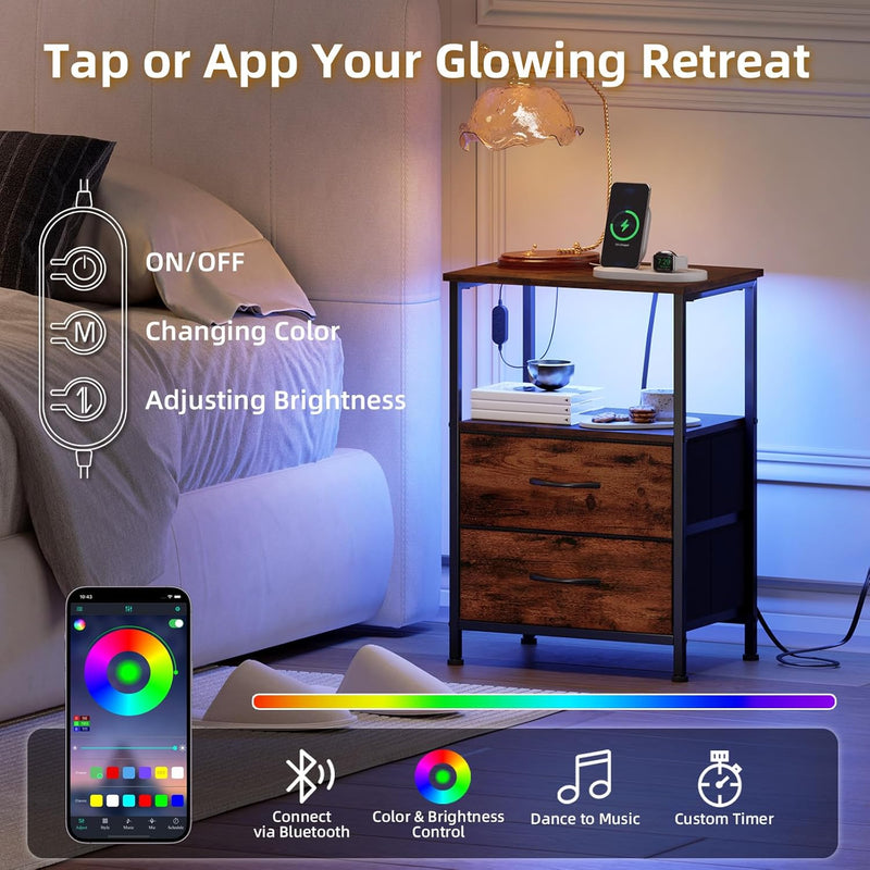 Bedside Table Charging Station LED 2 Drawers (Set of 2)