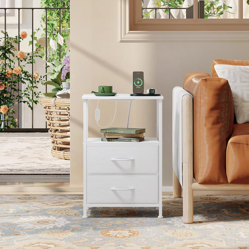 Bedside Table Charging Station LED 2 Drawers (Set of 2)