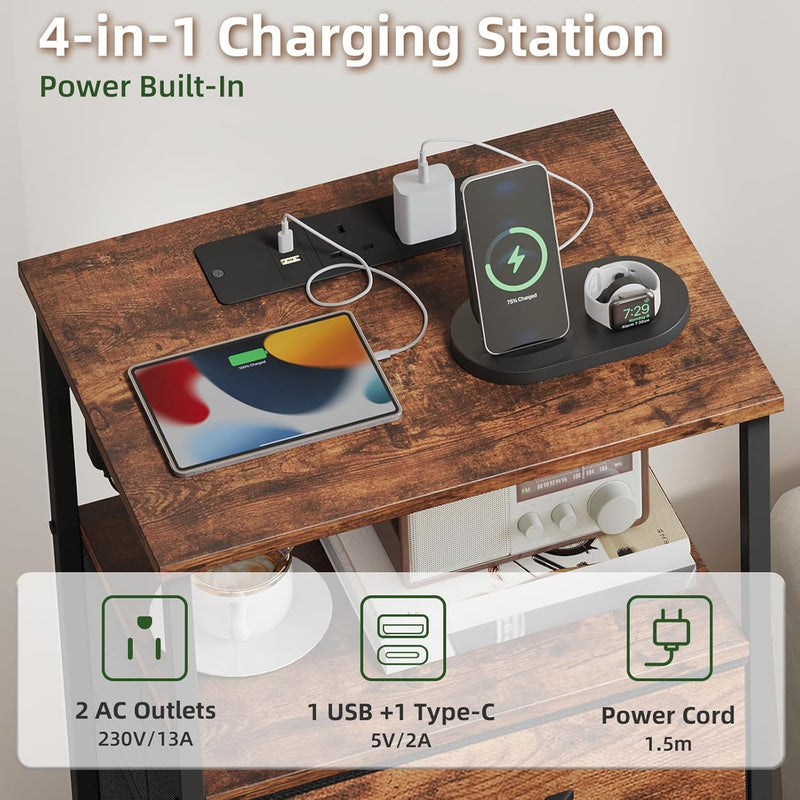 Bedside Table Charging Station LED 2 Drawers (Set of 2)