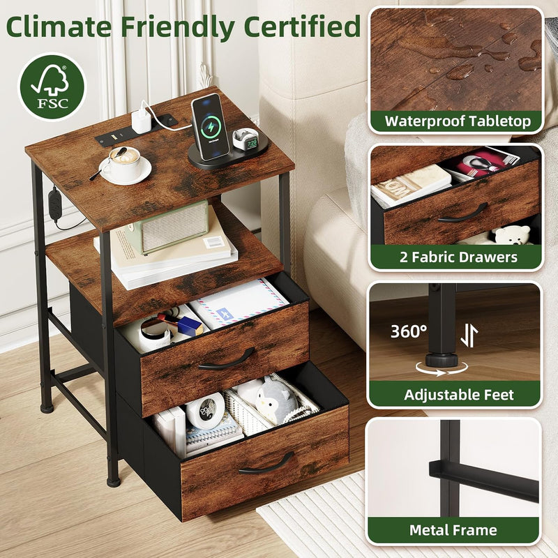 Bedside Table Charging Station LED 2 Drawers (Set of 2)