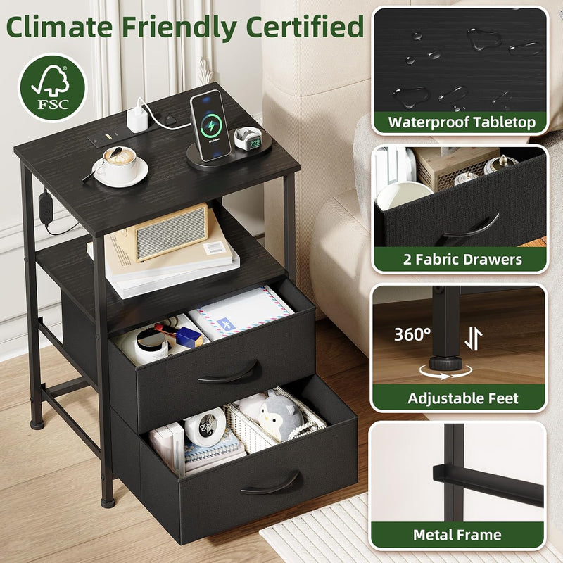 Bedside Table Charging Station LED 2 Drawers (Set of 2)