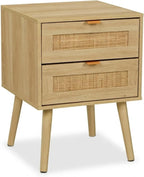Bedside Table Doppel-Pack with Rattan Drawers Wood Nightstand