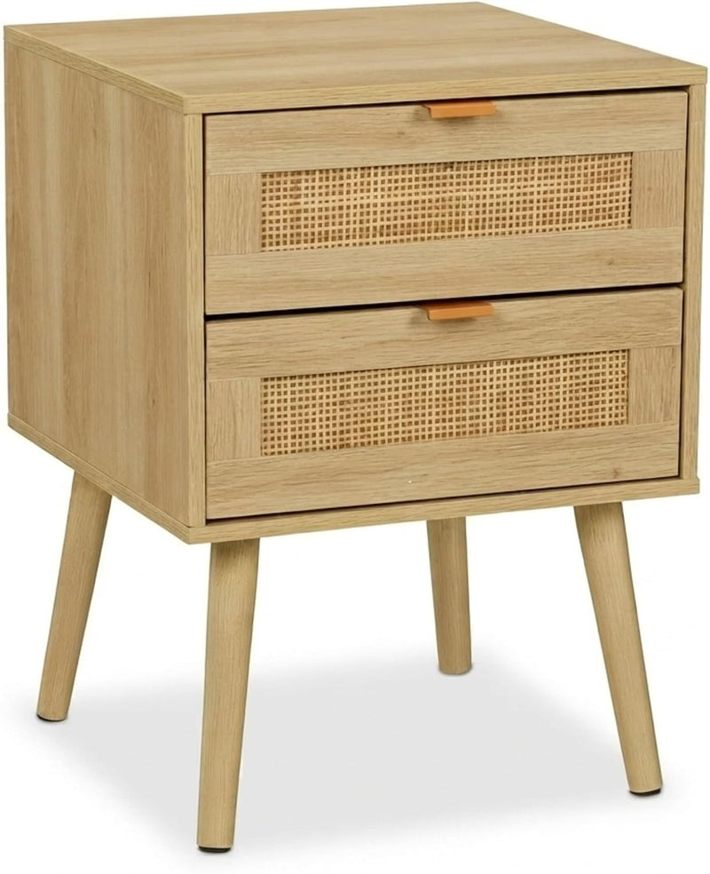 Bedside Table Doppel-Pack with Rattan Drawers Wood Nightstand