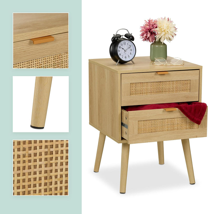 Bedside Table Doppel-Pack with Rattan Drawers Wood Nightstand
