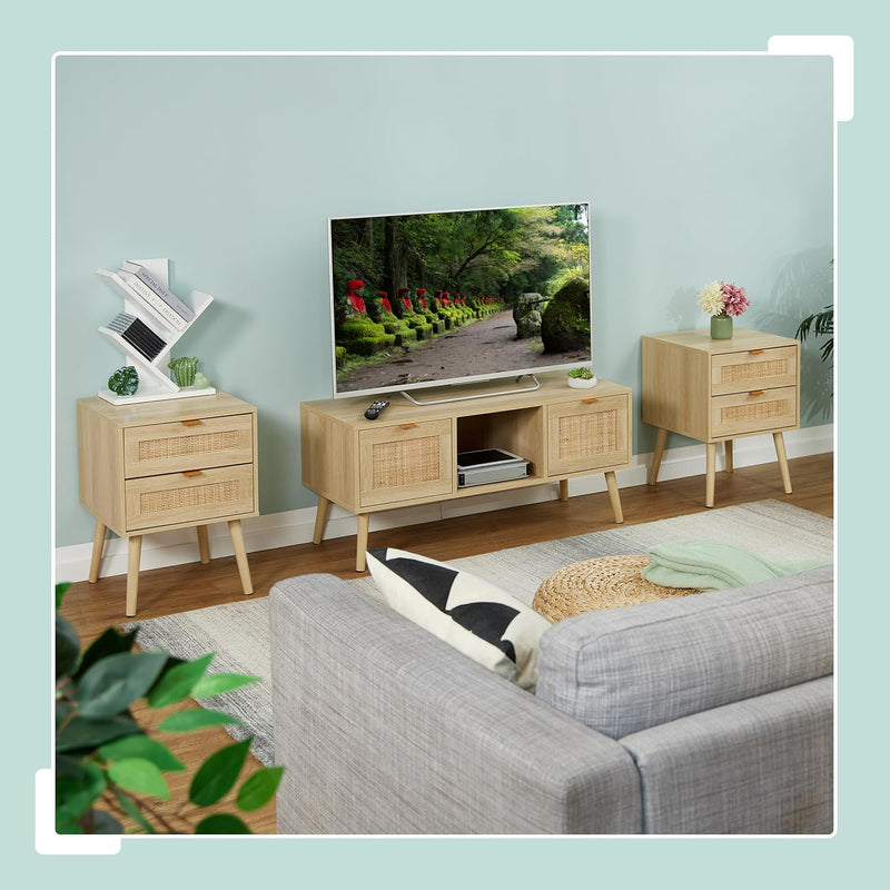 Bedside Table Doppel-Pack with Rattan Drawers Wood Nightstand