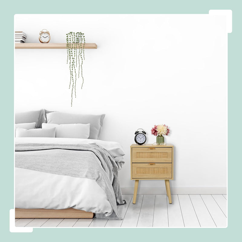 Bedside Table Doppel-Pack with Rattan Drawers Wood Nightstand