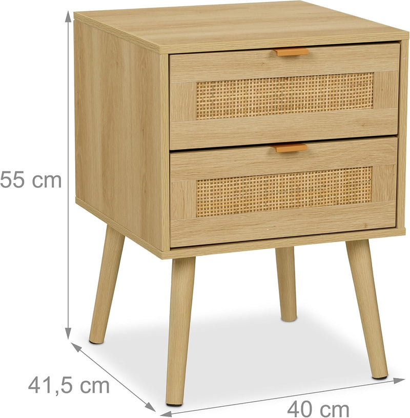 Bedside Table Doppel-Pack with Rattan Drawers Wood Nightstand
