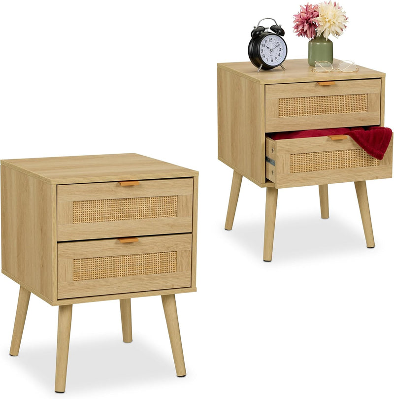 Bedside Table Doppel-Pack with Rattan Drawers Wood Nightstand