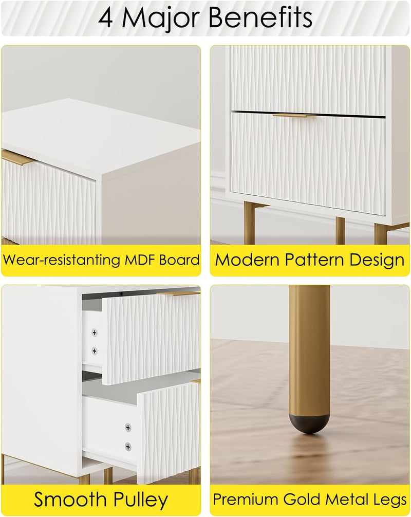 Bedside Table Fluted Nightstand with 2 Drawers Modern