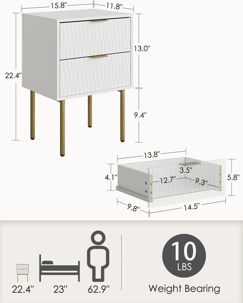 Bedside Table Fluted Nightstand with 2 Drawers Modern