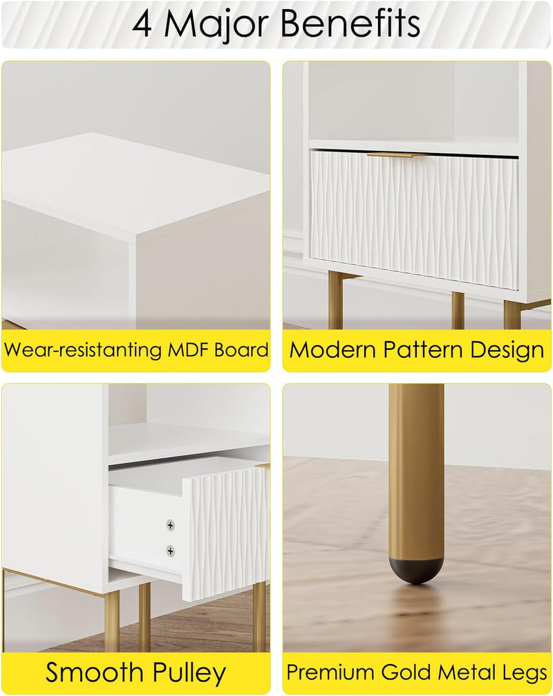 Bedside Table Fluted Nightstand with 2 Drawers Modern