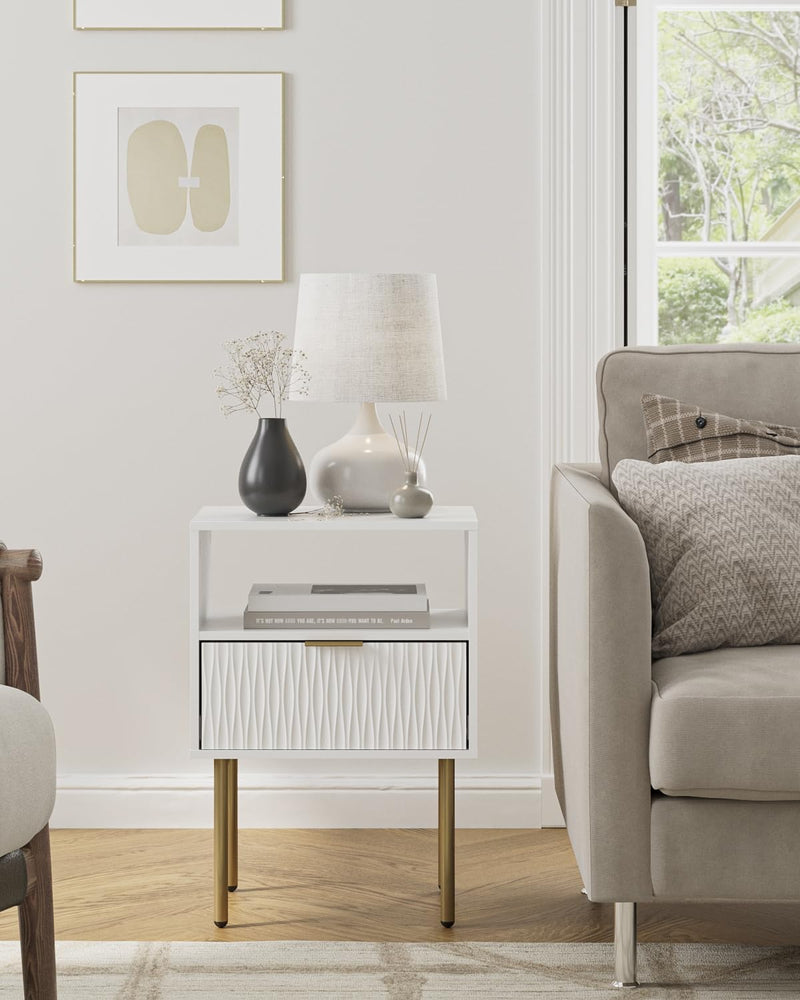 Bedside Table Fluted Nightstand with 2 Drawers Modern