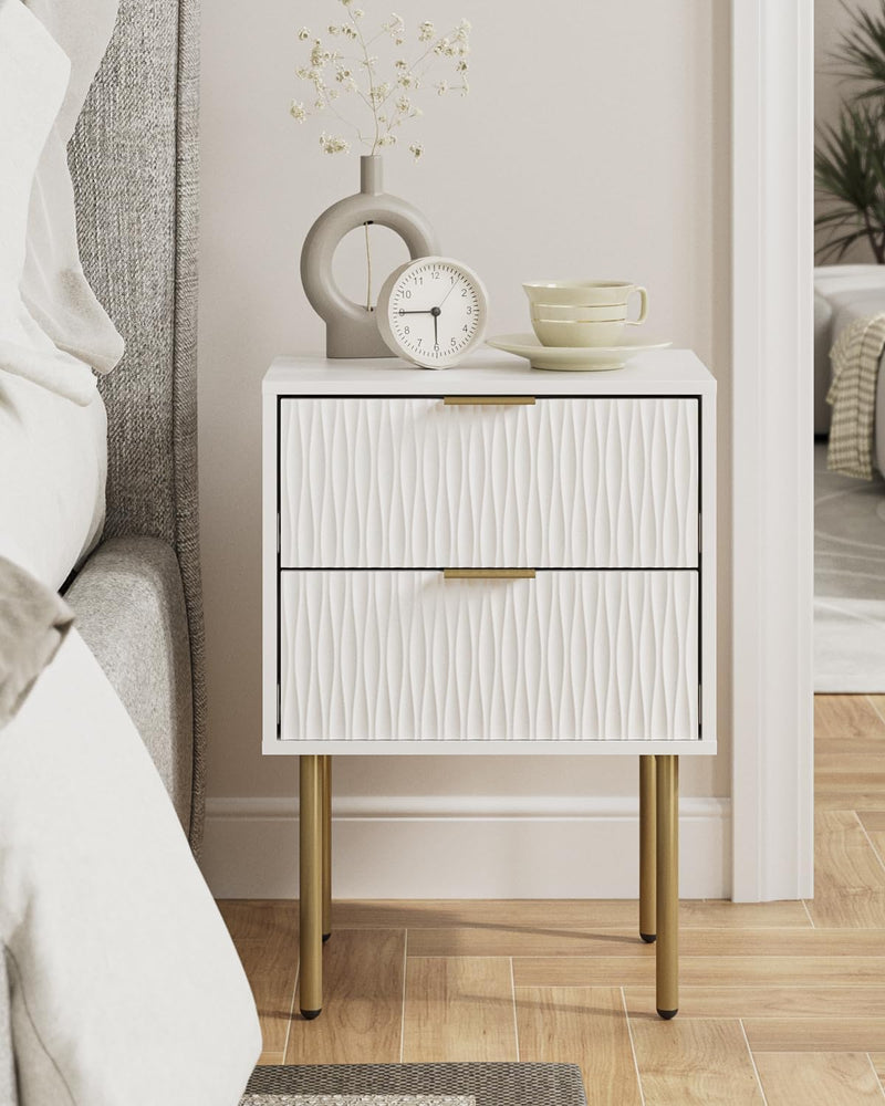 Bedside Table Fluted Nightstand with 2 Drawers Modern