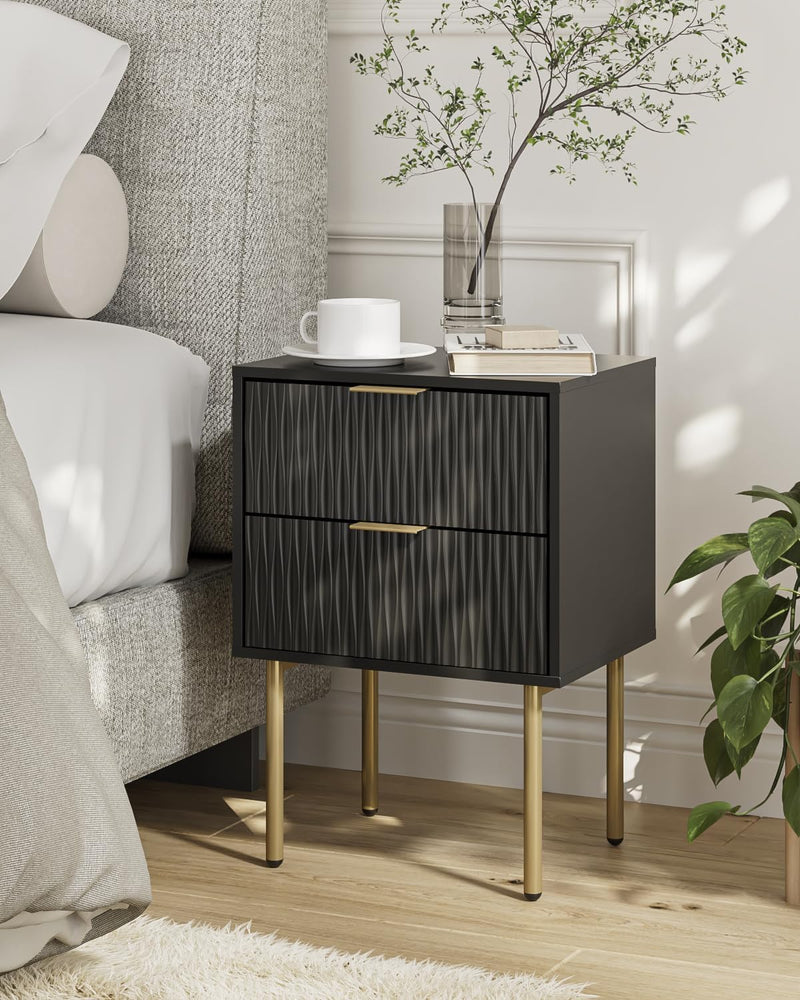 Bedside Table Fluted Nightstand with 2 Drawers Modern