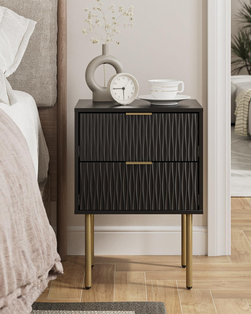 Bedside Table Fluted Nightstand with 2 Drawers Modern