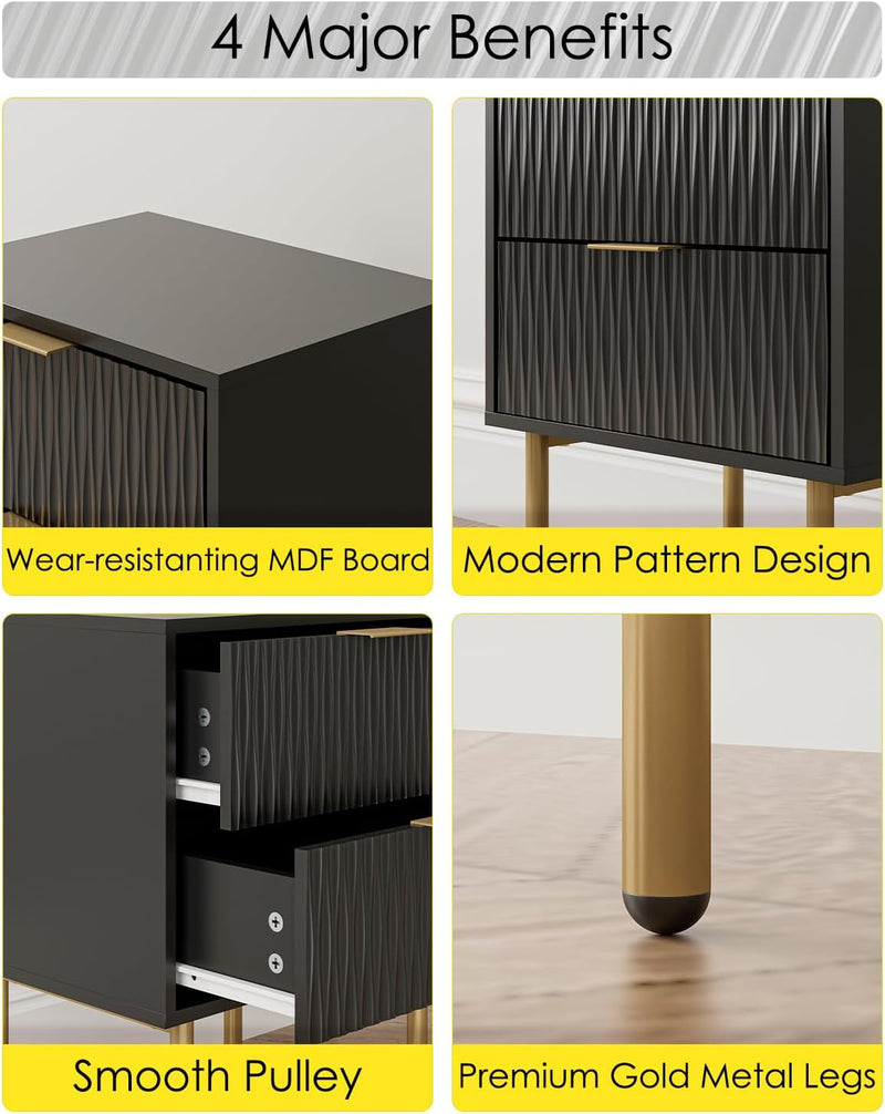 Bedside Table Fluted Nightstand with 2 Drawers Modern