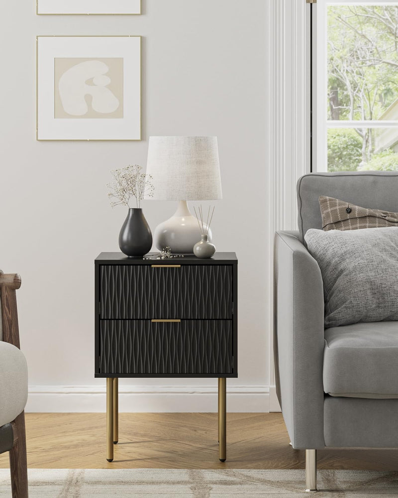 Bedside Table Fluted Nightstand with 2 Drawers Modern