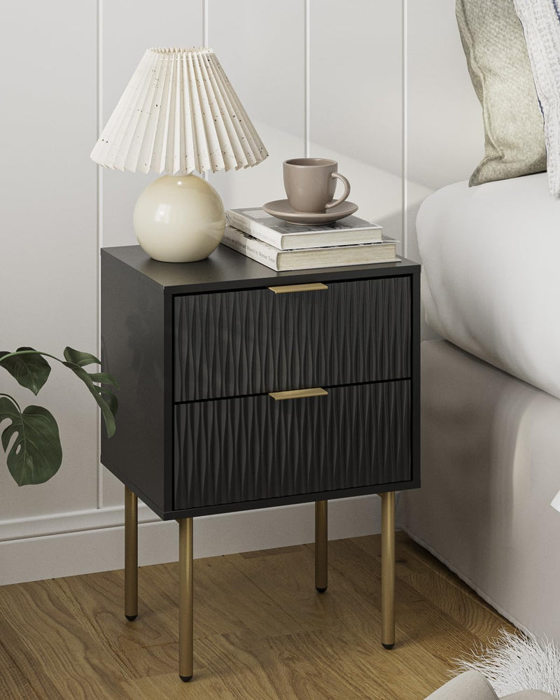 Bedside Table Fluted Nightstand with 2 Drawers Modern