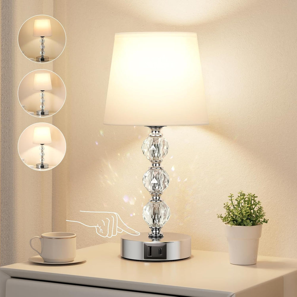 Bedside Table Lamp Crystal Touch Lamps with USB