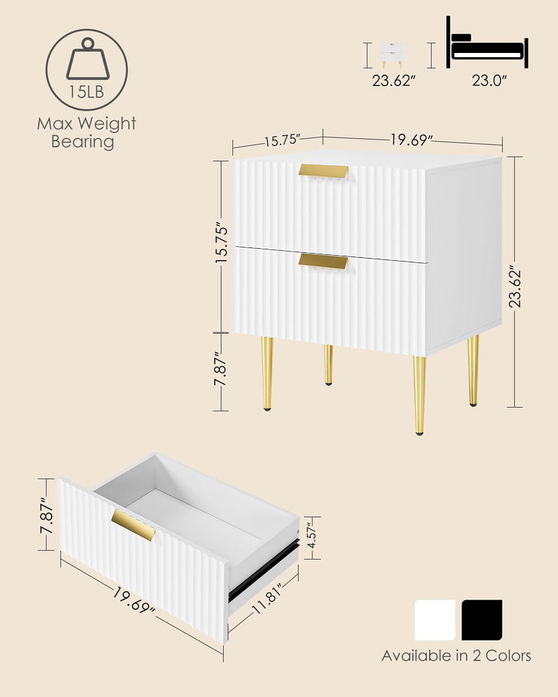 Bedside Table Nightstand with 2 Drawers Leg