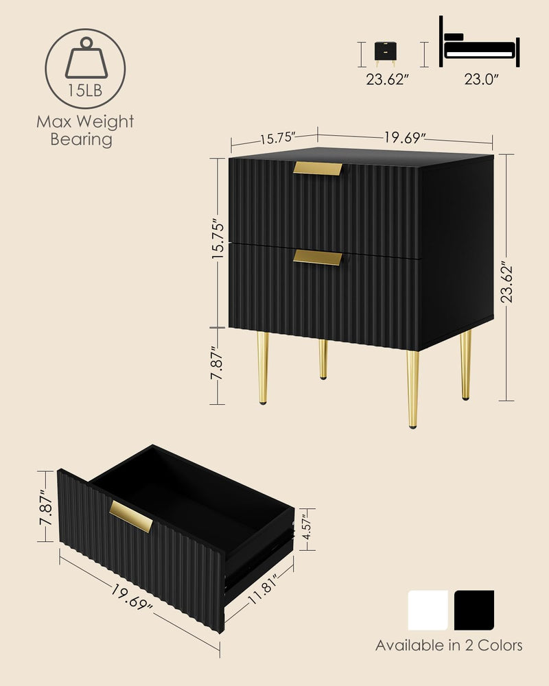 Bedside Table Nightstand with 2 Drawers Leg Modern