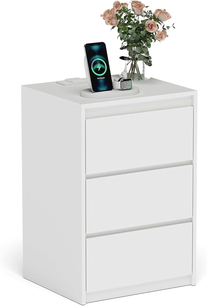 Bedside Table Nightstand with 3 Drawers and Power